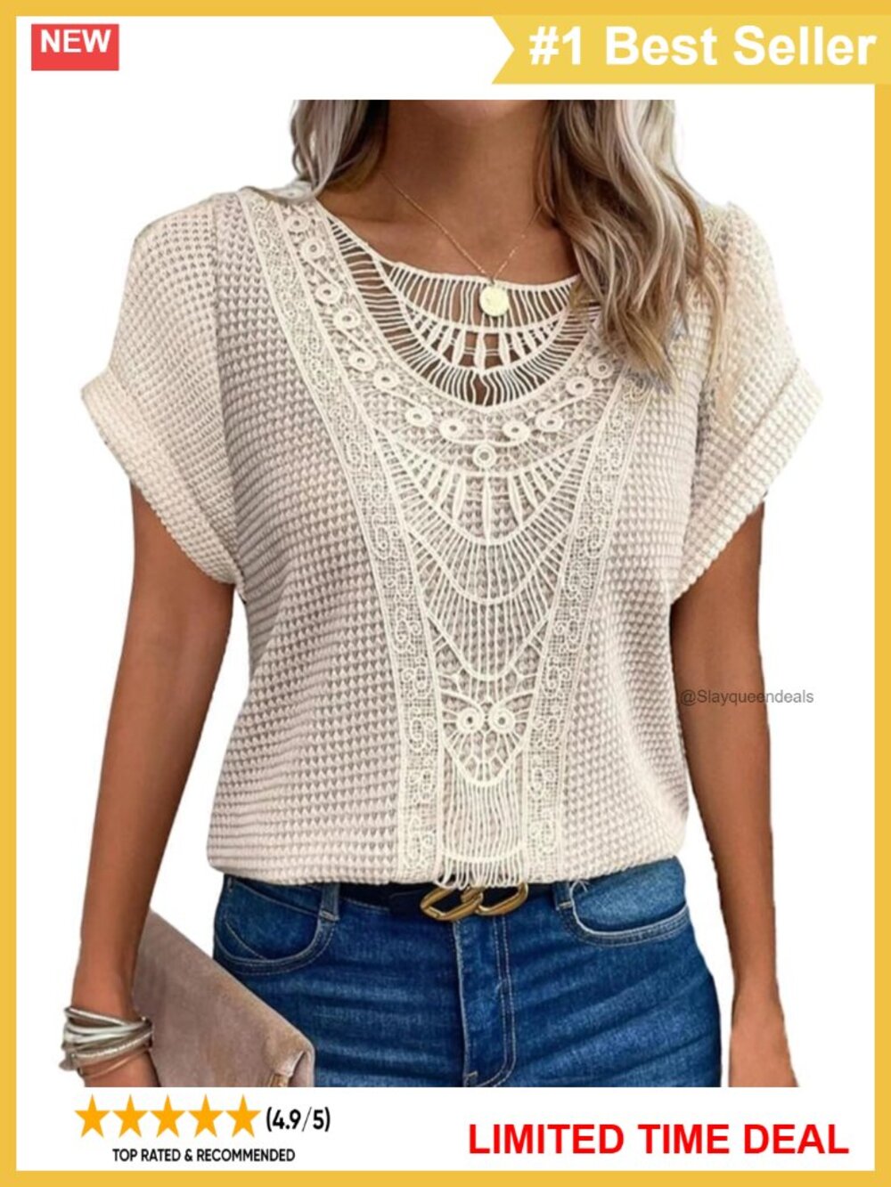 Women Lace Crochet Waffle Knit Short Sleeve Boho Tunic Top